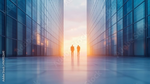 Two business professionals walk between modern glass skyscrapers during a vibrant sunset, symbolizing partnership and corporate growth, Ideal for business, finance