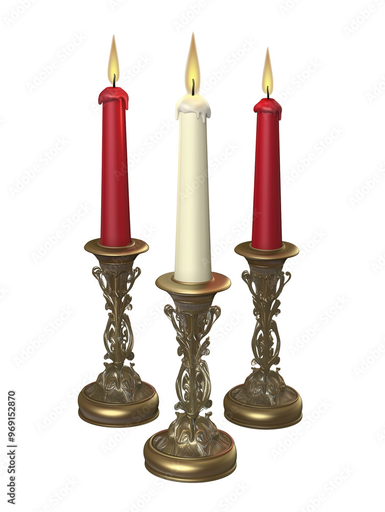 Set of three Christmas candles in decorative holders isolated on transparent background Set of three Christmas candles in decorative holders isolated on transparent background