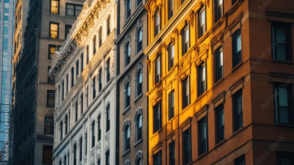 Fototapeta premium Sunlight illuminates historic buildings, showcasing architectural details and textures.
