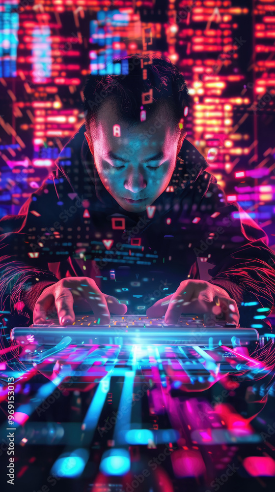 Fototapeta premium An engaged person interacts with a glowing keyboard surrounded by dynamic visualizations of data and digital elements at night