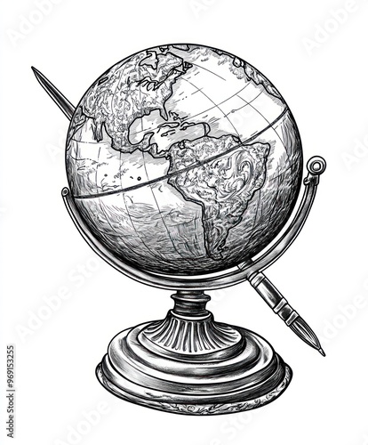 Hand drawn illustration of a globe with a quill pen.