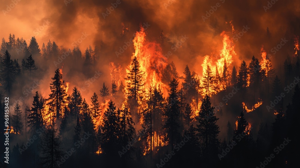 A dramatic photo of a wildfire raging through a forest, with thick smoke and flames, emphasizing the increased frequency and intensity of fires due to global warming. A dramatic photo of a wildfire raging through a forest, with thick smoke and flames, emphasizing the increased frequency and intensity of fires due to global warming.