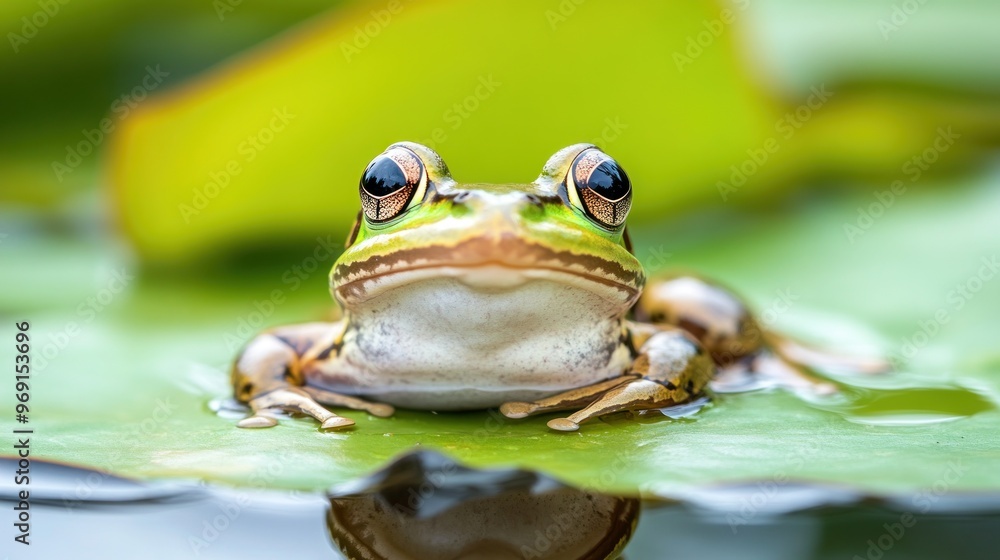 A close-up of a frog resting on a lily pad in a serene aquatic environment. A close-up of a frog resting on a lily pad in a serene aquatic environment.