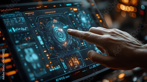 Digital health records system showcased on a touchscreen, modern medical technology with a sleek user interface, data-driven healthcare solutions.