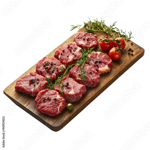 wooden board displaying a variety of raw steak cuts, garnished with fresh herbs and spices.