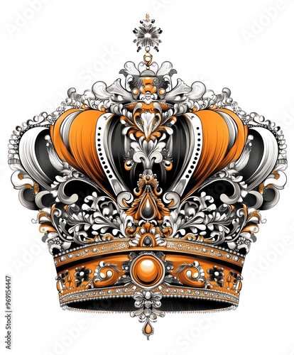 An ornate silver and orange crown with a large gemstone in the center, on a white background. photo