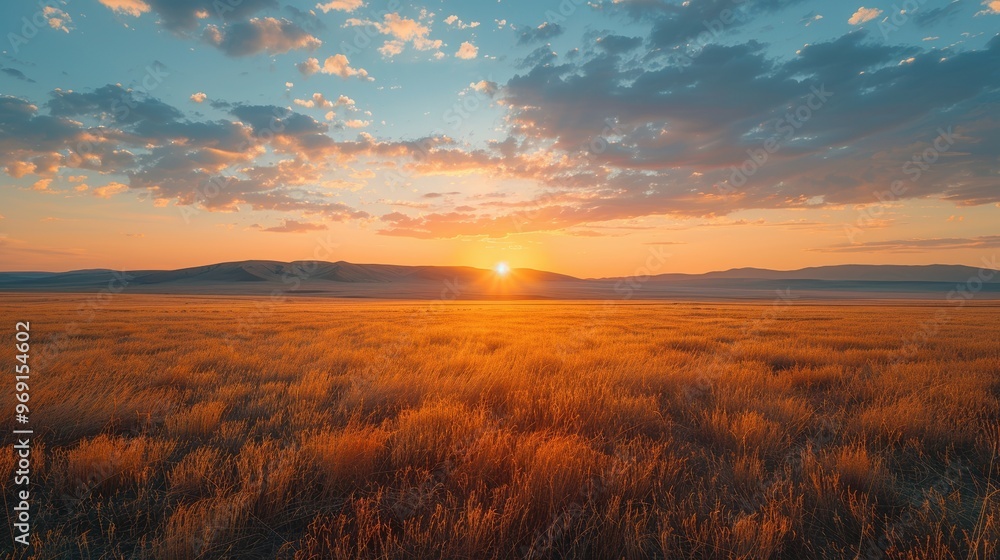Mesmerizing golden sunrise over expansive open fields with dramatic cloud formations creating a breathtaking natural landscape Mesmerizing golden sunrise over expansive open fields with dramatic cloud formations creating a breathtaking natural landscape