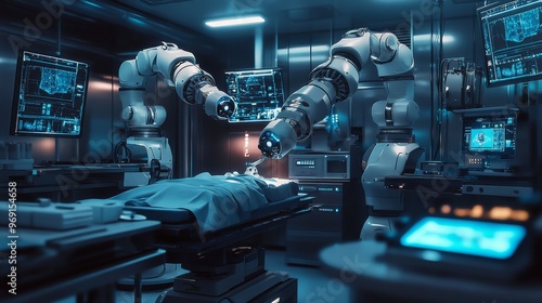 Futuristic remote surgery performed via robotic arms controlled by AI: Surgeons operating remotely with precision-controlled robots in a sterile, futuristic operating room.