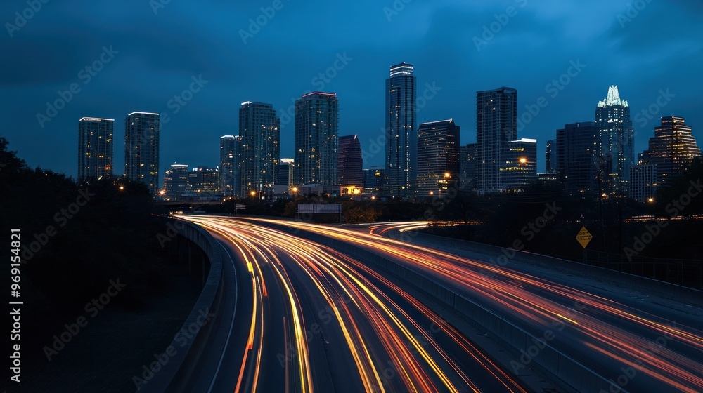 Night cityscape featuring illuminated skyscrapers and light trails from traffic. Night cityscape featuring illuminated skyscrapers and light trails from traffic.