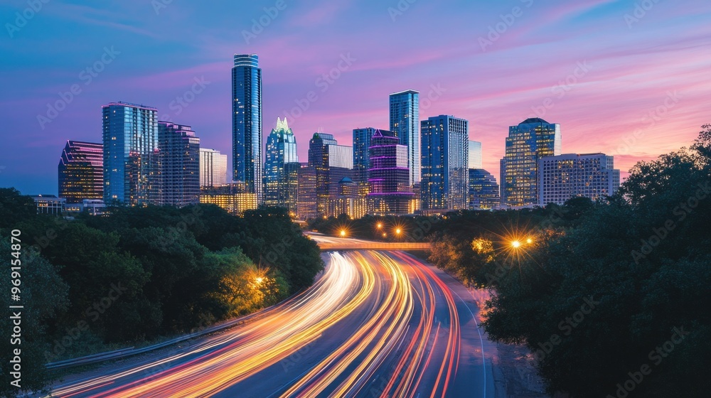 A vibrant city skyline at dusk with light trails from moving traffic. A vibrant city skyline at dusk with light trails from moving traffic.