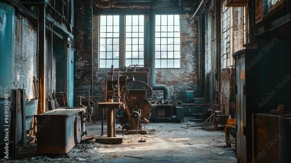 An abandoned industrial space with machinery and natural light filtering through large windows. An abandoned industrial space with machinery and natural light filtering through large windows.