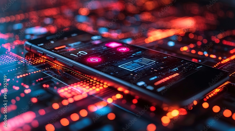 A smartphone projecting virtual financial services, with a person making a payment through holographic currency icons. A smartphone projecting virtual financial services, with a person making a payment through holographic currency icons.