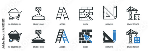 Construction line and glyph solid icons collection. Minimal icon and symbol series vector illustration