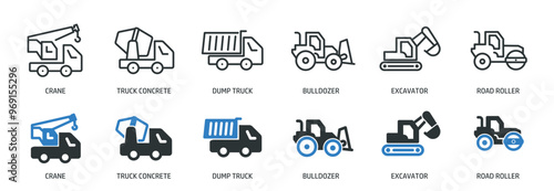 Heavy vehicle line and glyph solid icons collection. Minimal icon and symbol series vector illustration