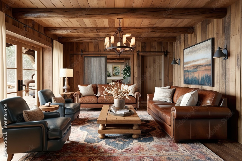 Stylish 3D Visualization of a Cozy Rustic Living Room Featuring Leather Couch Wooden Coffee Table and Artistic Area Rug Stylish 3D Visualization of a Cozy Rustic Living Room Featuring Leather Couch Wooden Coffee Table and Artistic Area Rug