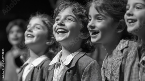 A group of joyful children singing on stage, captured in black and white.