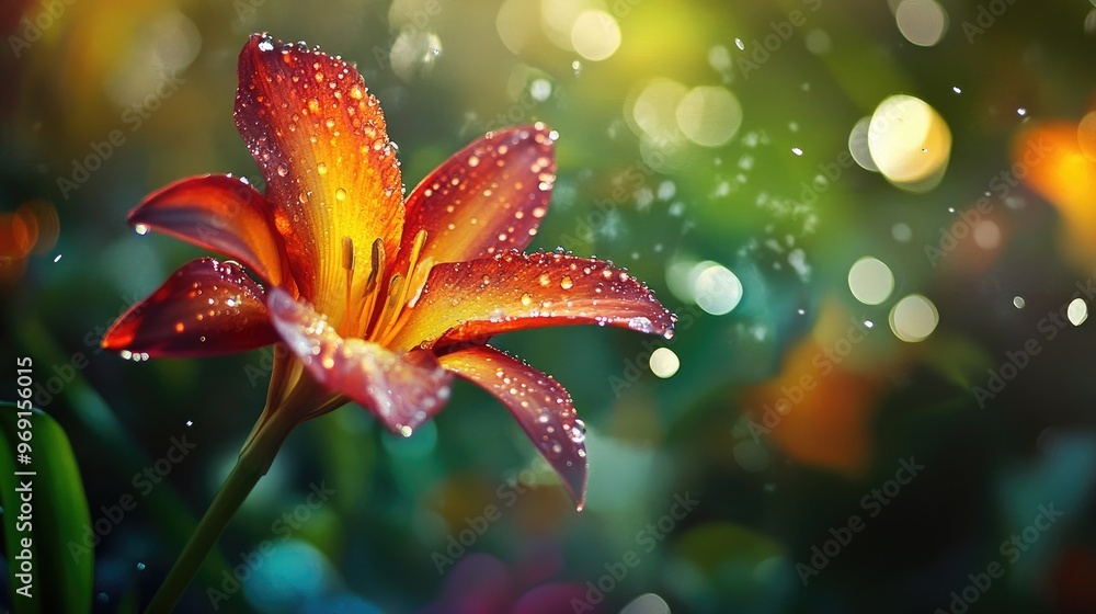 A flower in a garden with a gentle mist of water droplets, enhancing its vibrant colors and the overall ambiance of a lush environment. A flower in a garden with a gentle mist of water droplets, enhancing its vibrant colors and the overall ambiance of a lush environment.