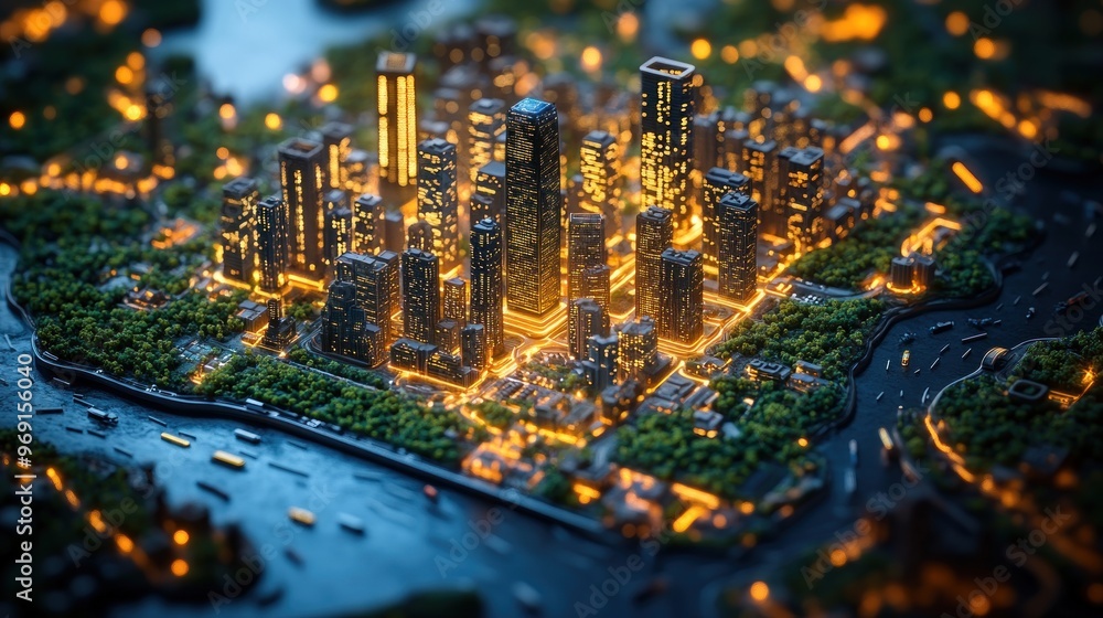 Obraz premium A vibrant cityscape at night, illuminated with glowing lights.