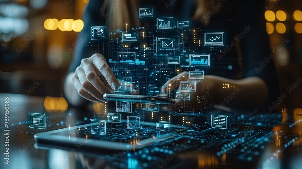 Virtual banking icons and cryptocurrency floating above a smartphone as a person manages futuristic financial transactions. Virtual banking icons and cryptocurrency floating above a smartphone as a person manages futuristic financial transactions.