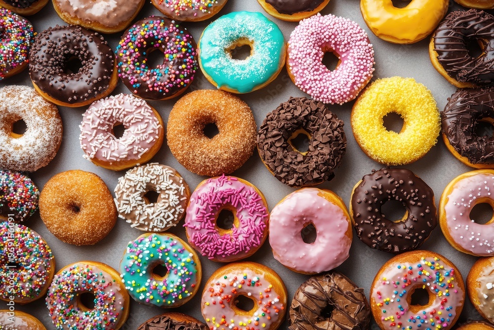 A colorful display of different donuts with sprinkles, chocolate, and icing, viewed from above A colorful display of different donuts with sprinkles, chocolate, and icing, viewed from above