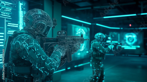 Futuristic AI-Powered Military Training Simulator Enabling Soldiers to Train in Immersive Virtual Environments. Advanced Technology Revolutionizing Combat Readiness and Tactical Skills Development.