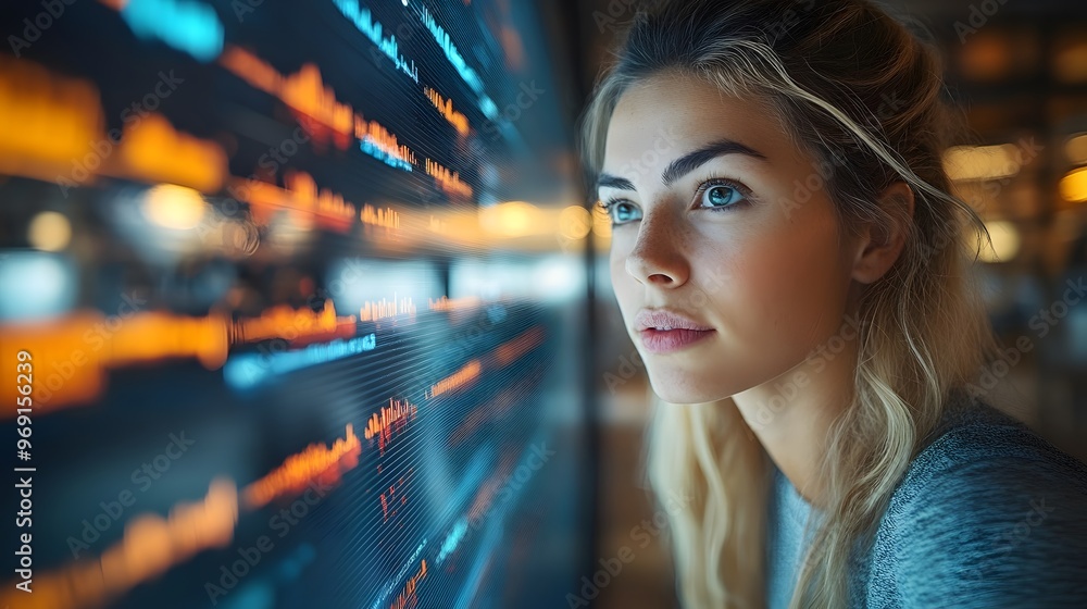 Businesswoman reviewing key analytics data on a dashboard, contemporary office, real-time performance insights displayed, focused decision-making. Businesswoman reviewing key analytics data on a dashboard, contemporary office, real-time performance insights displayed, focused decision-making.