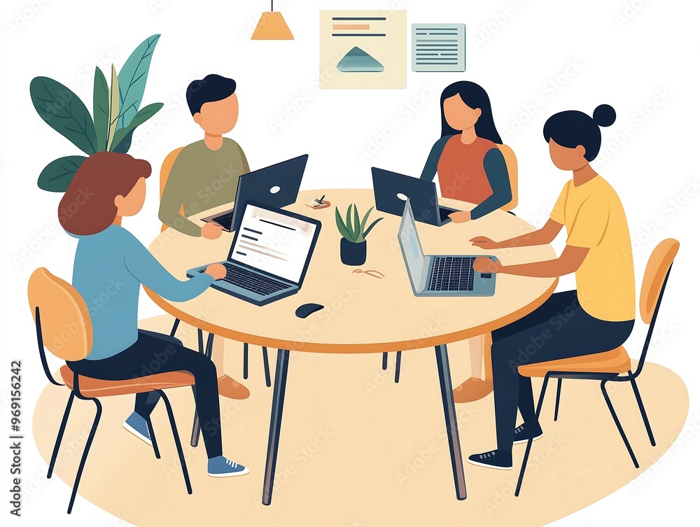 Group of colleagues collaborating on laptops around a worktable Group of colleagues collaborating on laptops around a worktable