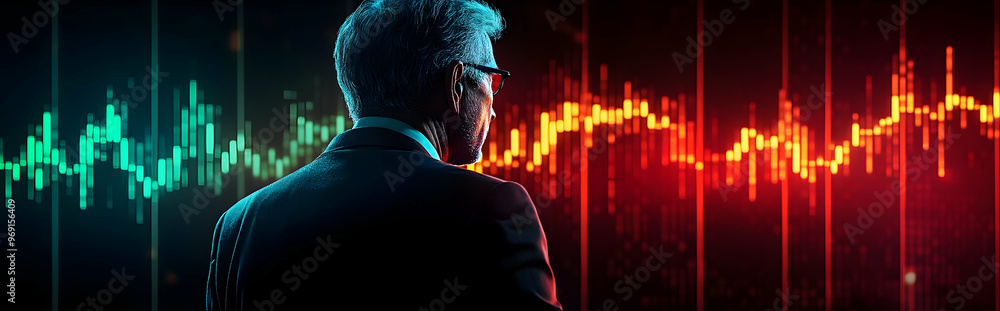 A businessman analyzes data trends with a digital background of fluctuating graphs and vibrant colors, symbolizing market changes. A businessman analyzes data trends with a digital background of fluctuating graphs and vibrant colors, symbolizing market changes.