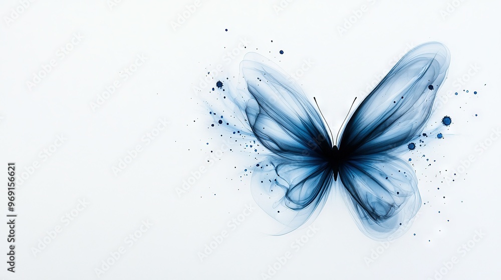 Blue butterfly with black spots on its wings flying on a white background Blue butterfly with black spots on its wings flying on a white background