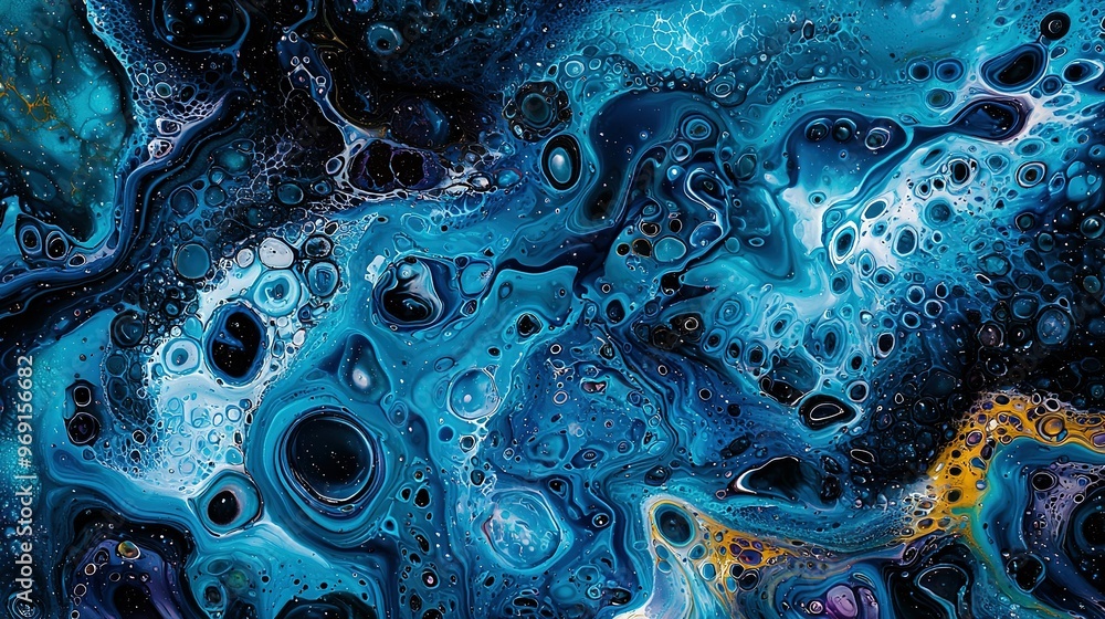 A vibrant abstract piece featuring shades of blue, yellow, and black, with a lively scene of bubbles at its base A vibrant abstract piece featuring shades of blue, yellow, and black, with a lively scene of bubbles at its base