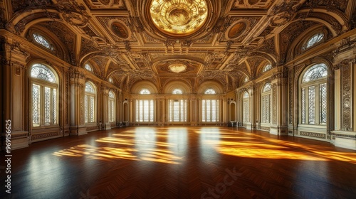 A grand, ornate interior space with intricate designs and large windows illuminating the floor.