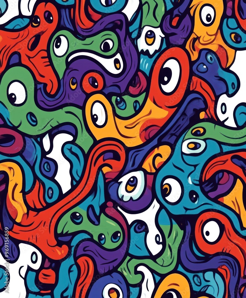 Colorful abstract doodle pattern with googly eyes and organic shapes. Colorful abstract doodle pattern with googly eyes and organic shapes.