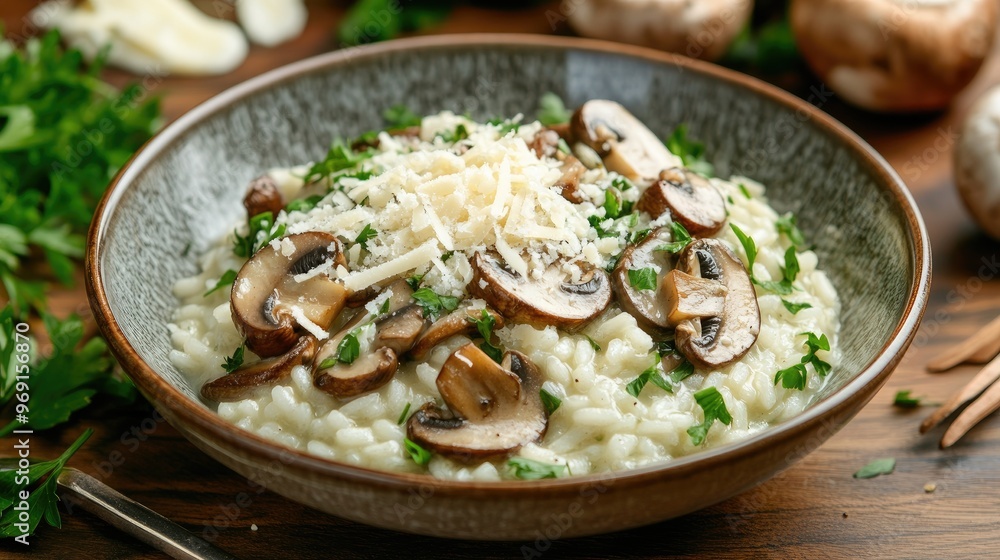 A fresh mushroom risotto being served in a bowl, with a garnish of chopped parsley and grated cheese, showcasing a delicious mushroom dish. A fresh mushroom risotto being served in a bowl, with a garnish of chopped parsley and grated cheese, showcasing a delicious mushroom dish.