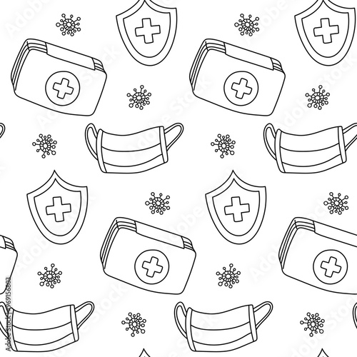 Seamless pattern with doodle medicine and healthcare. first aid kit, a cross on a shield, a mask and a virus on white. elements of the pattern are made in monochrome style. Topic treatment of illness