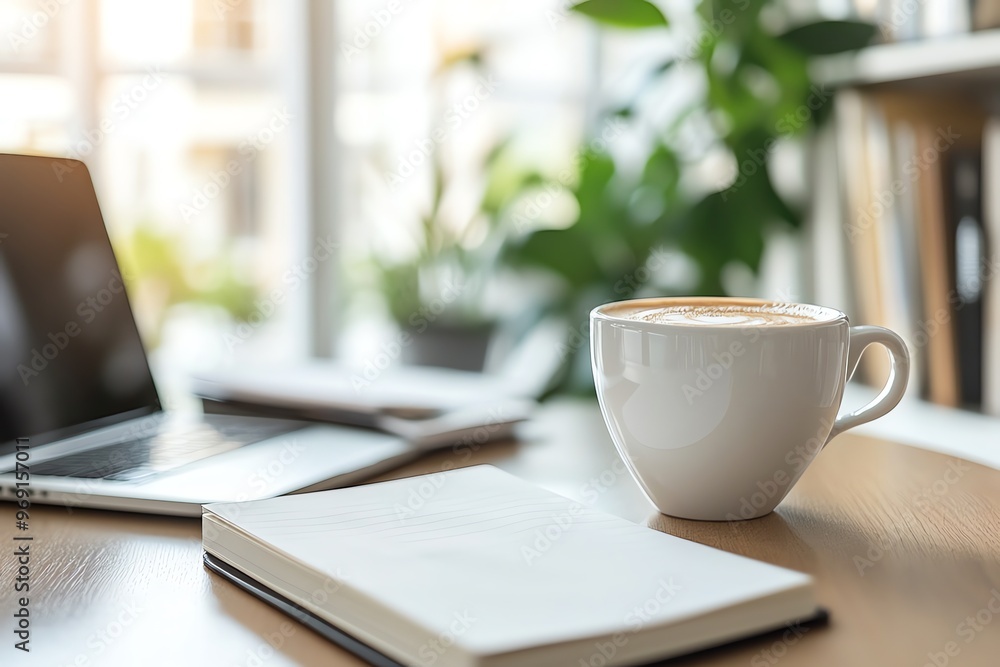 A cup of coffee, a laptop, and a notebook on a wooden table, perfect for a productive morning. A cup of coffee, a laptop, and a notebook on a wooden table, perfect for a productive morning.