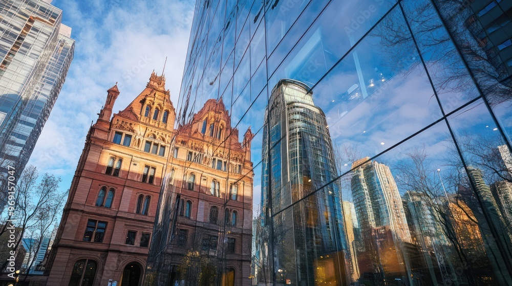 A historic building reflected in modern glass architecture, showcasing urban contrast. A historic building reflected in modern glass architecture, showcasing urban contrast.