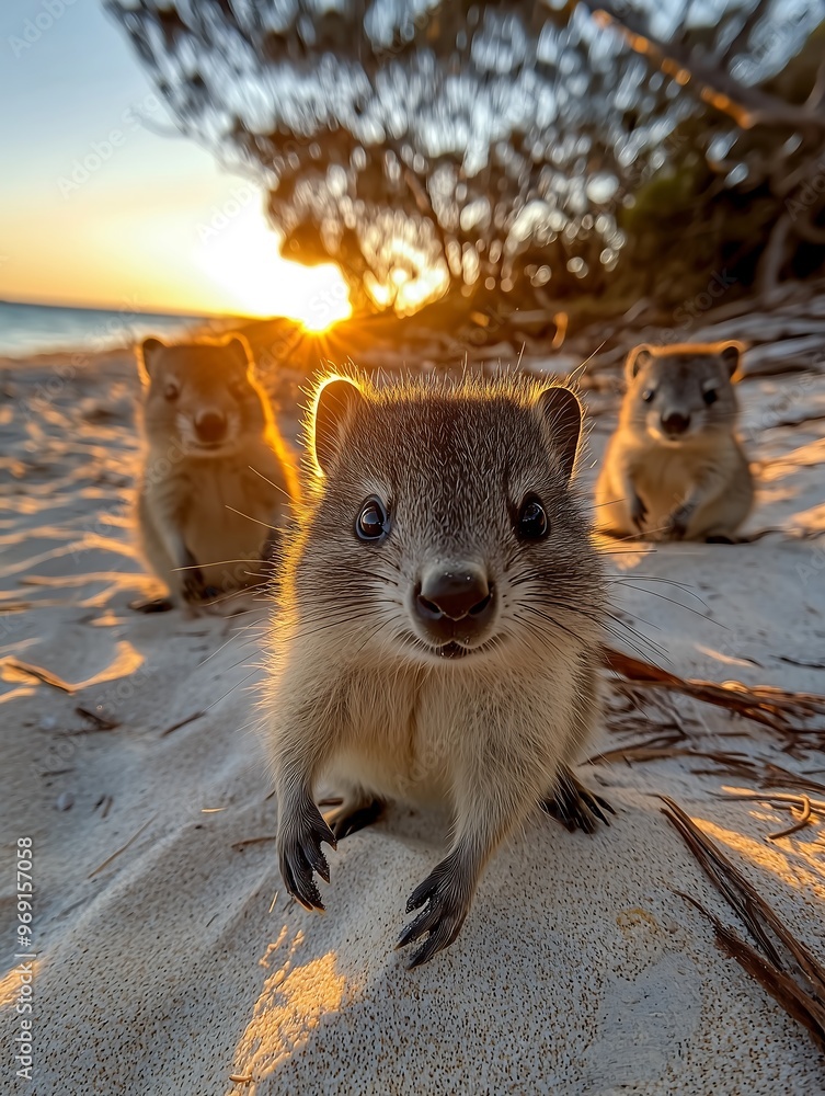 Playful quokkas on a sunny beach during golden sunset Playful quokkas on a sunny beach during golden sunset