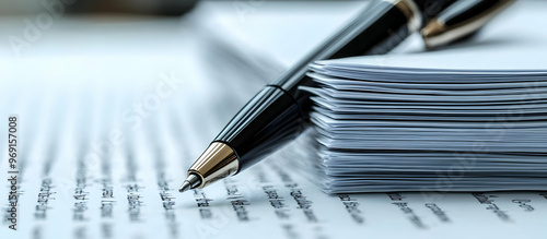 Close-up of a pen resting on a stack of documents, symbolizing writing, communication, and productivity in a professional setting.