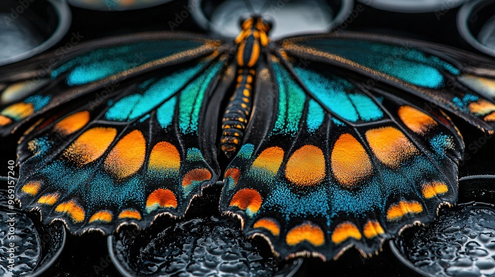 A butterfly's wings showcase orange and blue markings in a close-up shot A butterfly's wings showcase orange and blue markings in a close-up shot