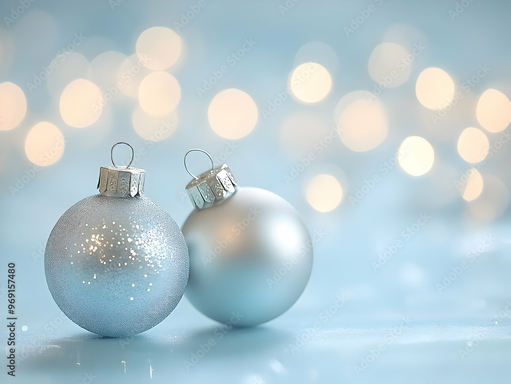 Shimmering silver Christmas ornaments against a soft blue background, creating a festive and cozy holiday atmosphere. Shimmering silver Christmas ornaments against a soft blue background, creating a festive and cozy holiday atmosphere.