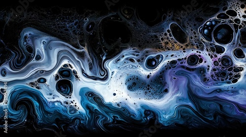  An abstract painting of vibrant hues featuring blue, black, and white swirls against a dark canvas, providing a space for a textured finish