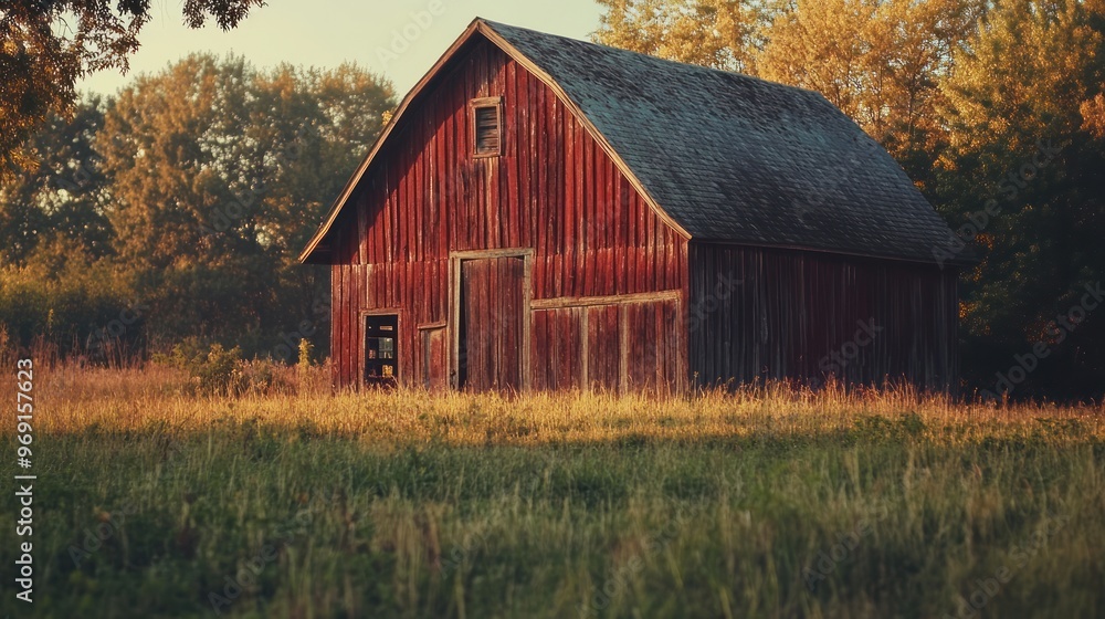 Obraz premium A rustic red barn surrounded by tall grass and trees in a serene rural landscape.