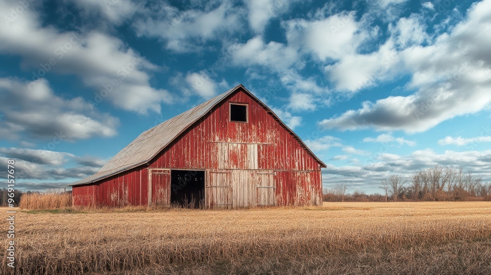 A rustic red barn stands in a golden field under a blue sky with fluffy clouds. A rustic red barn stands in a golden field under a blue sky with fluffy clouds.