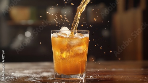 A glass of Thai tea being poured over ice, with a splash effect and a condensation on the glass, capturing the cool, refreshing nature of the drink.