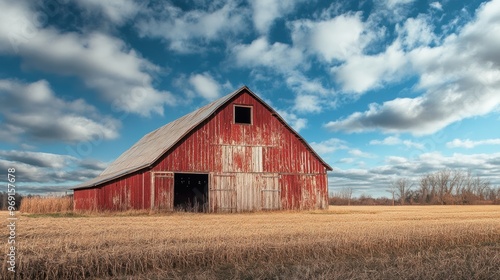 A rustic red barn stands in a golden field under a blue sky with fluffy clouds.