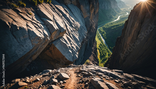 Obraz na płótnie Cliff Unknowns in Cloudy Summer: The Trailblazer's Journey Engulfed in Landslide w salonie