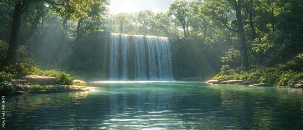 Sunlit Waterfall Cascading into Tranquil Forest Pool Sunlit Waterfall Cascading into Tranquil Forest Pool