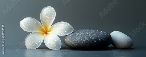 A serene image featuring a delicate flower and smooth stones, perfect for relaxation and mindfulness themes. photo