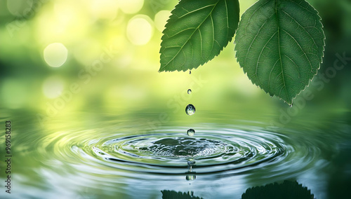 Fresh water droplets falling from vibrant green leaves, creating ripples on a serene surface, capturing nature's tranquility.