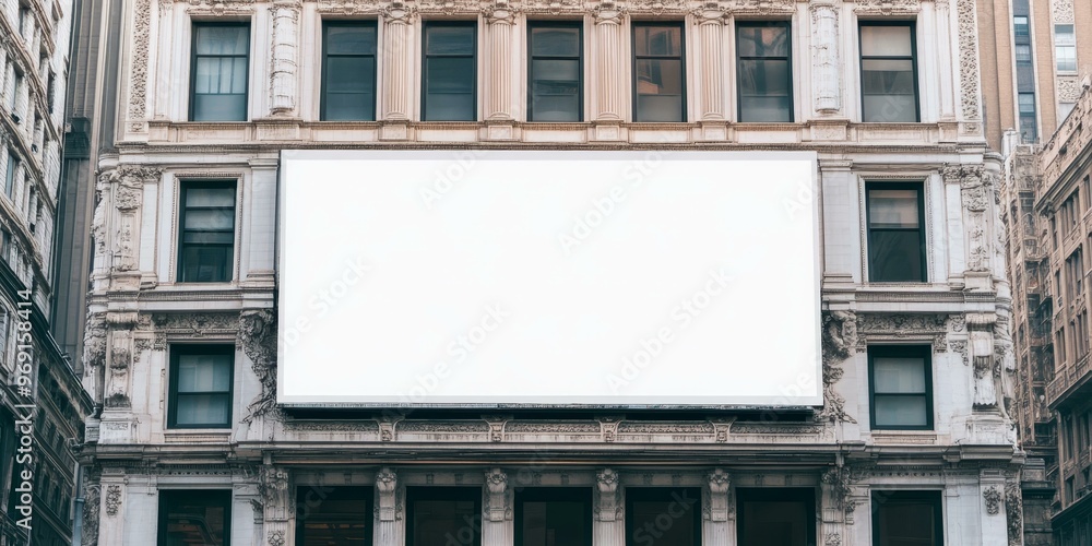 Large blank billboard on ornate building facade. Large blank billboard on ornate building facade.